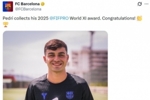巴萨官方晒照:佩德里领取FIFPRO2025年度最佳阵容奖杯